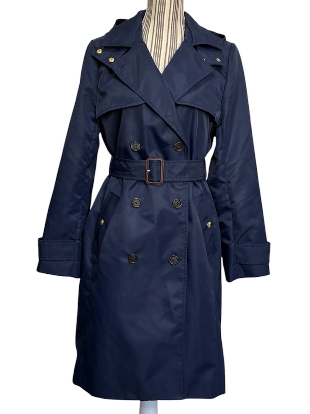 J. Crew Trench Coat Womens 10 Double Breasted Self Belt Detachable Hood Navy